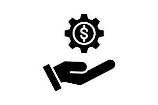 Symbol einer Hand, die ein Zahnrad mit Dollarzeichen hält, steht für Kosten oder Serviceleistungen.
