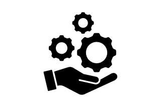 Symbol einer Hand, die drei Zahnräder hält, steht für Service oder Dienstleistungen.