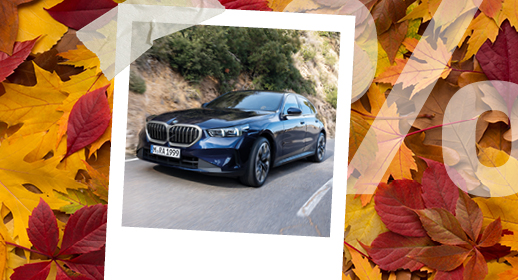 Ein Werbebanner im Herbst-Design auf einem Hintergrund aus buntem Herbstlaub in Gelb- und Rottönen. In der Mitte befindet sich ein mit Klebestreifen befestigtes Sofortbild (Polaroid), das einen silbergrauen BMW auf einer Straße bei sonnigem Wetter zeigt. Auf der rechten Seite liegt ein großes, halbtransparentes weißes Prozentzeichen (%) über den Blättern.