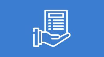 Ein Icon, das eine Hand zeigt, die ein Dokument oder einen Vertrag mit Textzeilen hält.