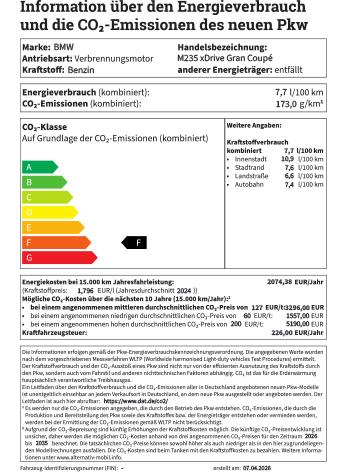 Dieses Label gibt Auskunft über den Verbrauch und die Effizienz des BMW M235 xDrive Gran Coupé.