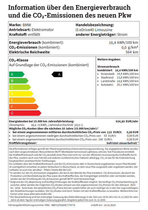 BMW i5 Lable Das Bild zeigt ein offizielles Dokument mit dem Titel "Informationen über den Energieverbrauch und die CO2-Emissionen des neuen Pkw". Es handelt sich um ein Energieeffizienzlabel für ein Fahrzeug der Marke BMW, Handelsbezeichnung i5 eDrive40 Limousine, angetrieben von einem Elektromotor und Strom als Energieträger. Die wichtigsten Informationen sind: Energieverbrauch (kombiniert): 16,4 kWh/100 km CO2-Emissionen (kombiniert): 0,0 g/km Elektrische Reichweite: 564 km Zusätzlich gibt es eine CO2-Klasse (A, B, C, D, E, F, G), wobei dieses Fahrzeug in die Klasse A fällt. Weitere Angaben zum Stromverbrauch (kombiniert 16,4 kWh/100 km) sind aufgeteilt in: Innerstadt: 14,4 kWh/100 km Stadtrand: 13,8 kWh/100 km Landstraße: 14,8 kWh/100 km Autobahn: 20,1 kWh/100 km Angaben zu Energiekosten bei 15.000 km Jahresfahrleistung (Strompreis: 38,0 ct/kWh, Jahresdurchschnitt 2023) belaufen sich auf 934,80 EUR/Jahr. Die möglichen CO2-Kosten über die nächsten 10 Jahre (15.000 km/Jahr) sind bei verschiedenen angenommenen durchschnittlichen CO2-Preisen jeweils 0,00 EUR. Die Kraftfahrzeugsteuer ist befristet steuerbefreit. Unten auf dem Dokument befinden sich Erläuterungen zu den Angaben und rechtliche Hinweise zur Berechnung und Gültigkeit der Daten. Die Fahrzeug-Identifizierungsnummer (FIN) ist WBY31FK00C774776 und das Erstelldatum ist der 14.10.2024.
